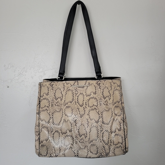 Anne Klein Purse Shoulder Bag Tan Snakeskin Print Black Trim - Picture 1 of 12